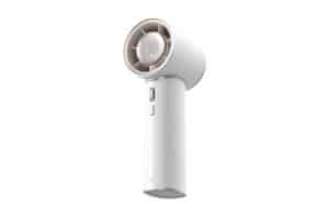 White handheld hair dryer with a circular nozzle and slim handle, shown from a side angle.