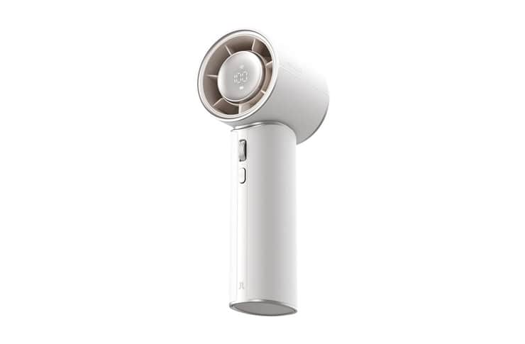 White handheld hair dryer with a circular nozzle and slim handle, shown from a side angle.