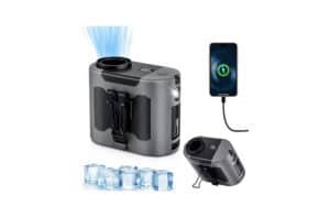 Portable car power inverter with USB charging, connected to a smartphone; ice packs shown nearby.