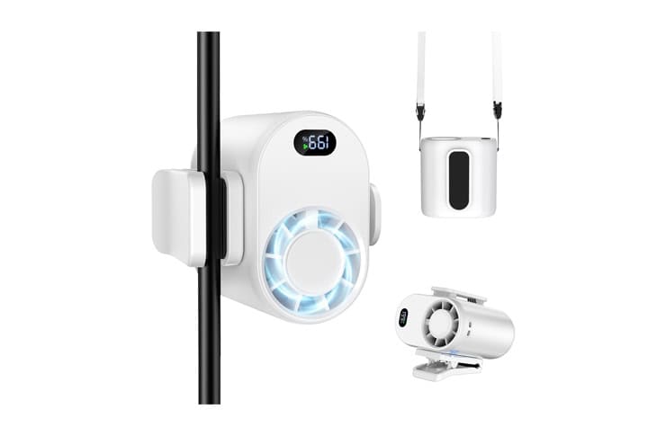 0_ 62296 - crasi White modular air-purifying system with a blue-lit circular fan, mounted on a vertical pole, plus a small hanging accessory and a compact portable fan component.