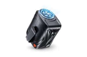 Black high-tech device with a blue glowing circular lens on top, angled on a white background.