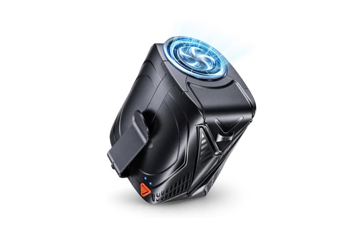 Black high-tech device with a blue glowing circular lens on top, angled on a white background.