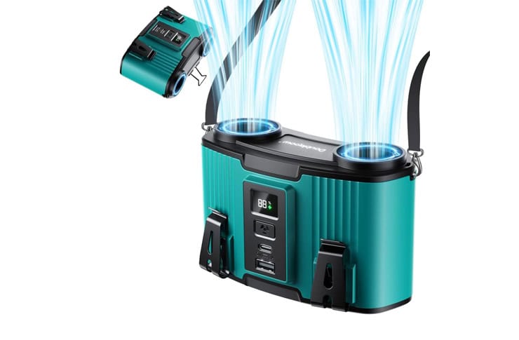 0_62266 - crasi Teal portable car jump starter with two jump cables attached, USB ports, and digital display, emitting blue energy streams.