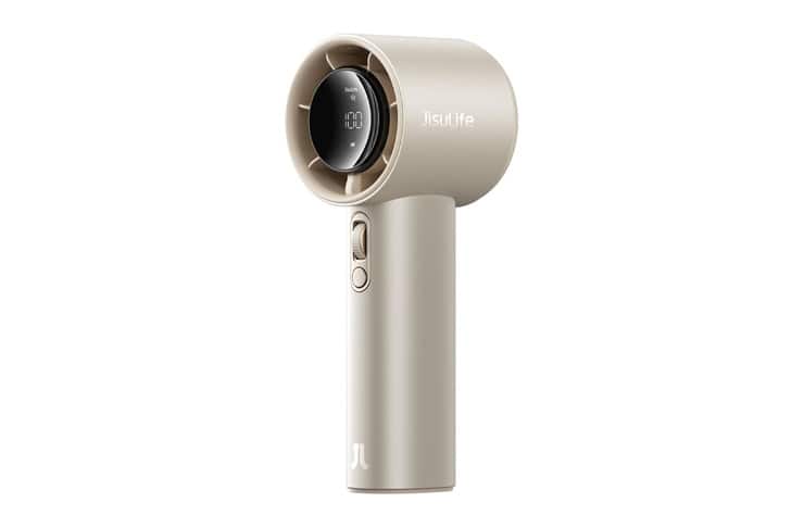 Beige handheld personal care device with a circular dryer head and control buttons on the handle; brand name 'Jisulife' visible on the head.