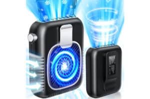 Compact portable space heater with a blue glowing fan illustrating airflow output from the device.