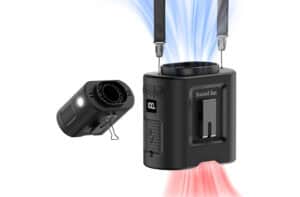 Portable cooling/heating unit labeled 'Socool fan' with blue cool-air and red warm-air streams and a detachable handheld blower attachment.