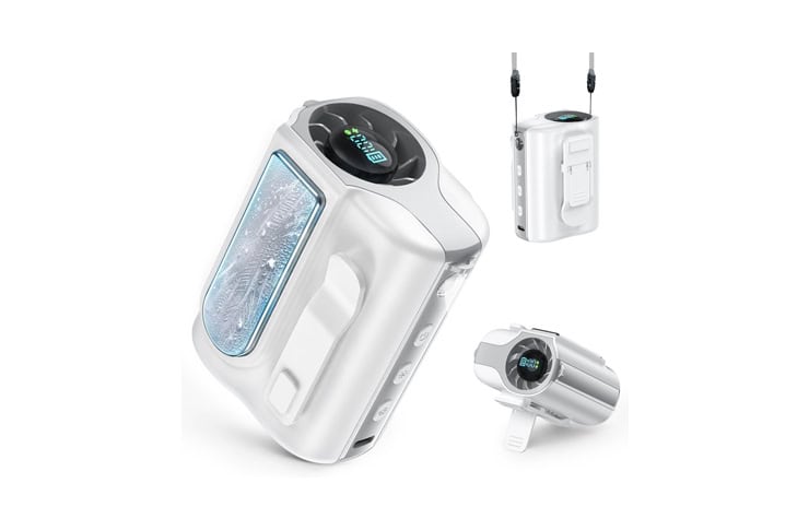 0_62299 - crasi White handheld facial treatment device with a transparent water chamber and LED display for at-home skincare, plus two accessory heads.