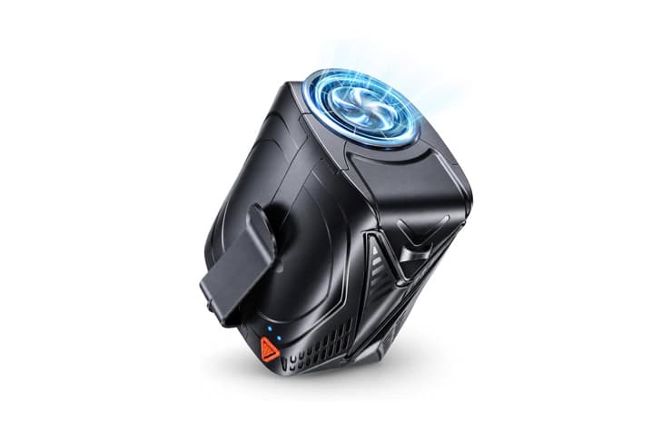 0_62305 - crasi Compact black action camera with a glowing blue circular lens on top, mounted in a rugged housing on a white background.