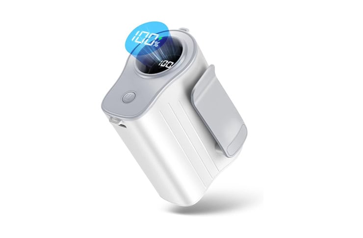 White handheld pulse oximeter with a blue digital display showing 100% SpO2 and pulse rate, in a clipped finger-monitoring design.