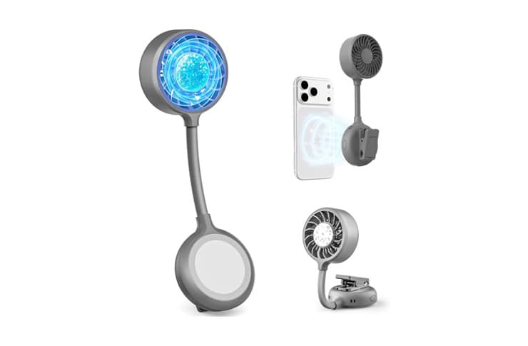 Modular portable fan system: a tall neck fan with a glowing blue circular head, plus a clip-on phone fan and a small desk fan.