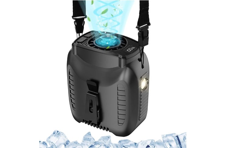 Portable compact ice maker with a top water chamber and shoulder straps for carrying; ice cubes at the base illustrate its purpose of making ice.