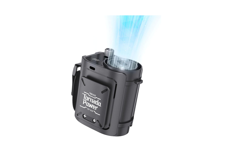 0_62369 - crasi Black handheld device with a cylindrical top emitting a blue jet of light from a circular opening; front panel reads 'Tornado Power'.