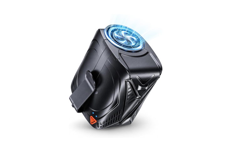 Black futuristic handheld device with a glowing blue circular light on the top place