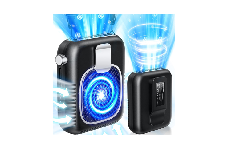 Compact portable air purifier with a blue spiraling air effect and a separate power module attached nearby.