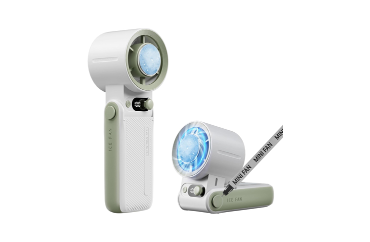 Two white-and-green mini handheld cooling fans shown from different angles, with blue-lit circular fan heads and a compact, clip-on design (Ice Fan).