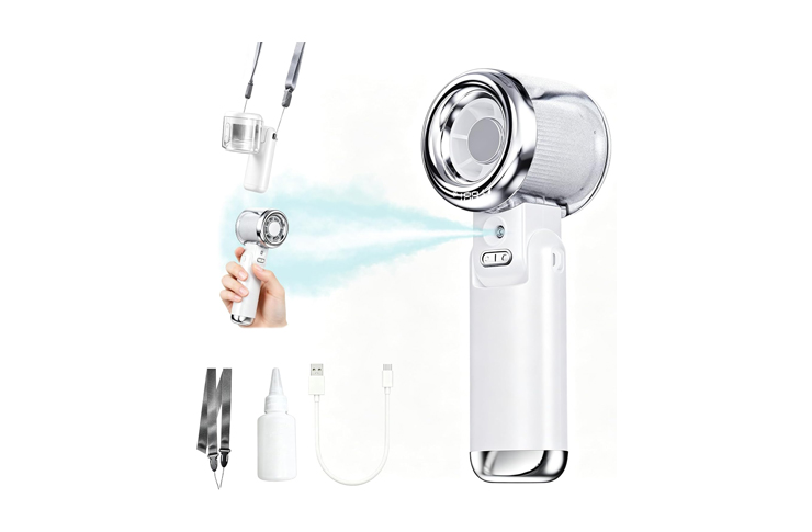 Portable handheld skincare steamer with interchangeable attachments and USB charging cable for at-home facial treatments.