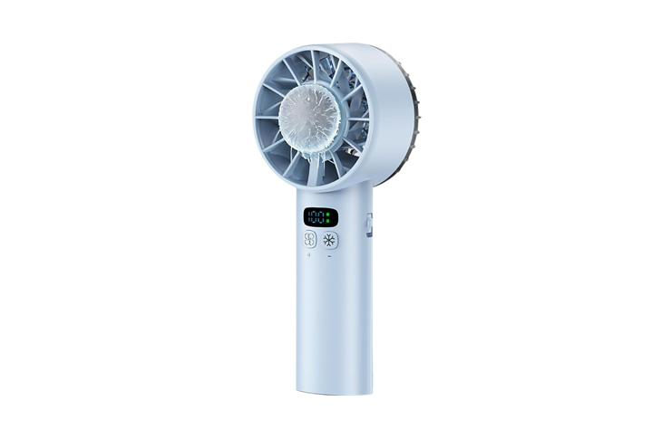 Handheld electric fan with a round front grille and digital display on the handle for cooling.