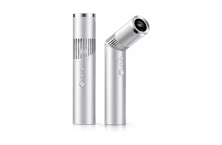 Two sleek silver cylindrical handheld devices, one upright and one angled to reveal a small digital display and venting near the top.