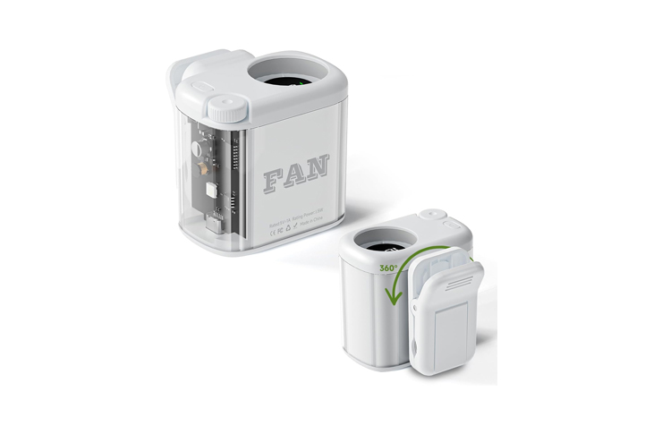 0_62448 - crasi Compact white portable fan with a transparent section revealing internal electronics; includes a detachable module showing 360° rotation.