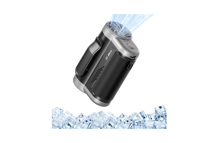 Handheld vape mod in black and silver emitting blue vapor, with ice at the base to suggest cooling.