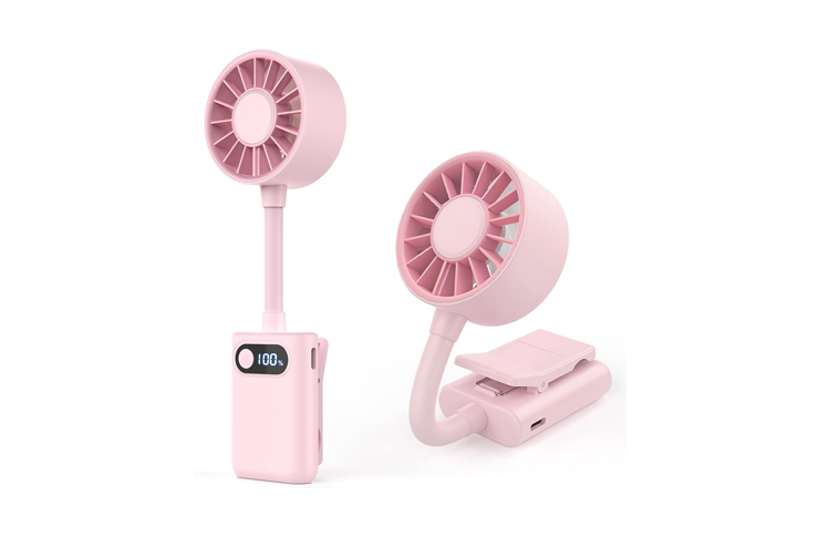 0_62463 - crasi Pink portable handheld fan with a clip-on base and battery pack; compact, USB-powered personal cooling device.