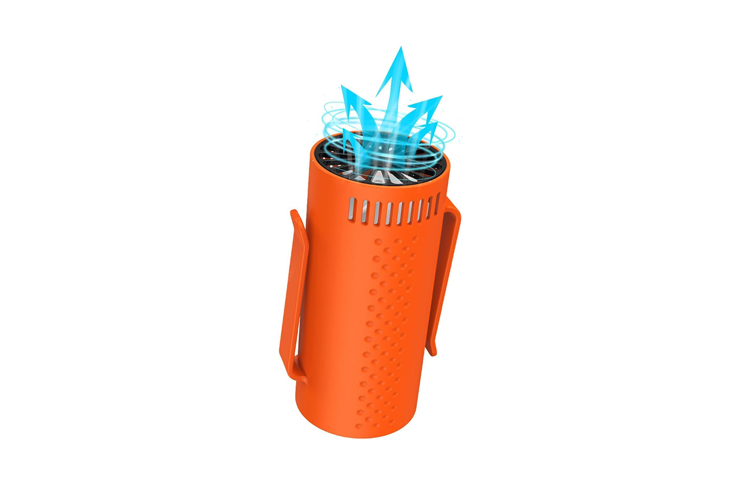 Orange cylindrical portable air purifier releasing blue airflow from the top surface.