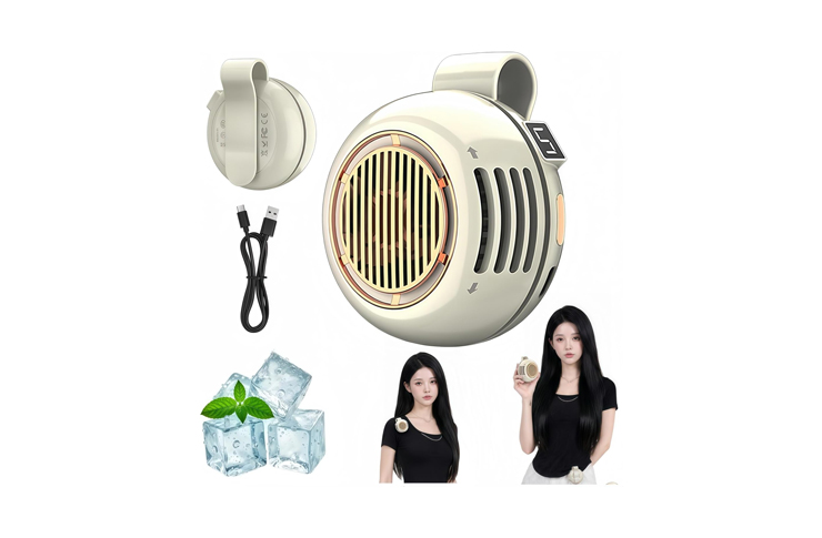 Round portable USB fan with front grille and side vents, USB cable included, showing cooling accessories and models for scale/usage