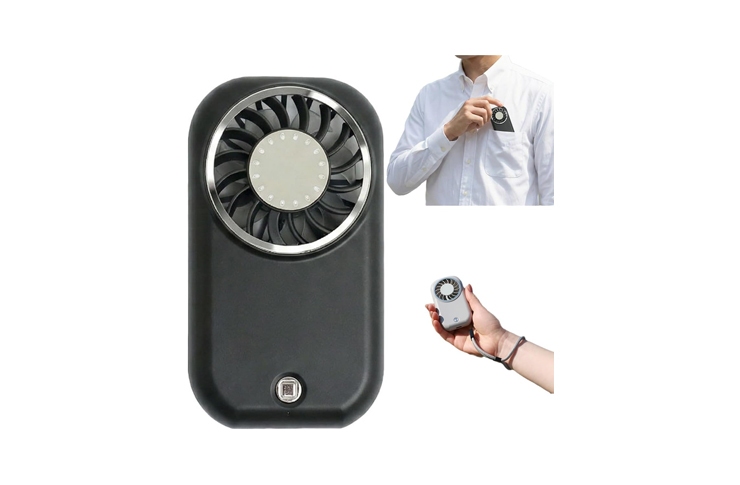 Black portable mini hand fan with a circular blade guard for personal cooling.