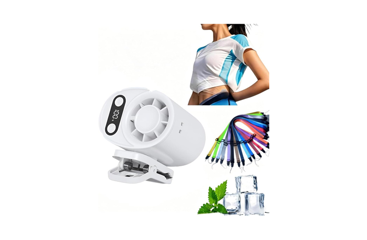White portable blender with digital display, surrounded by USB cables, ice cubes, and mint leaves for on-the-go smoothies.