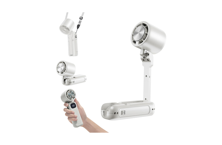 White portable motorized camera gimbal with detachable attachments and a handheld remote, shown from multiple angles on a white background.