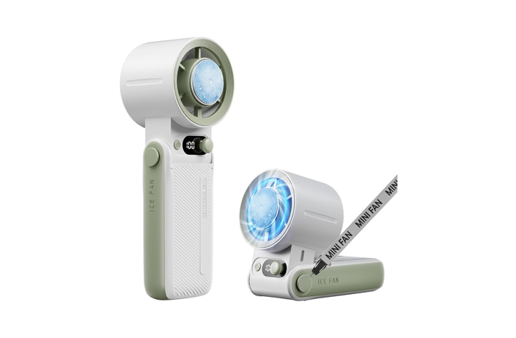 0_62516 - crasi Portable handheld mini fan with circular head and foldable base, white and sage green, labeled ICE FAN.