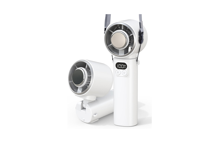White handheld medical device with a circular rotating head and a digital display, shown alongside a detachable unit.