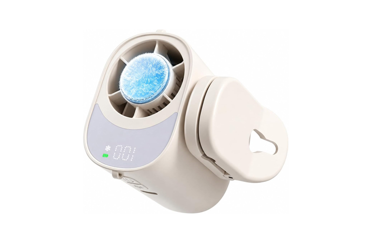 0_62526 - crasi Portable personal cooling device with a circular vent and blue cooling pad, white plastic, angled view