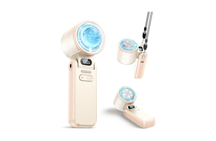 Beige cordless LED skincare device with a blue circular light head and a digital display, shown with detachable wand attachments.