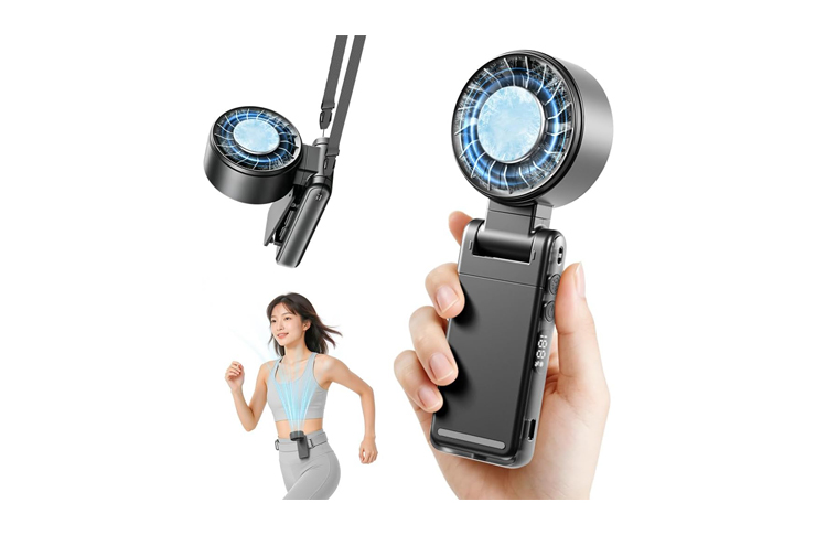 0_62537 - crasi Handheld massage/EMS device with a glowing blue circular head, shown beside a woman in activewear with a waist belt.