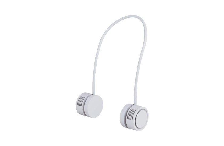 White neckband-style earbuds with two circular earpieces connected by a curved cable.