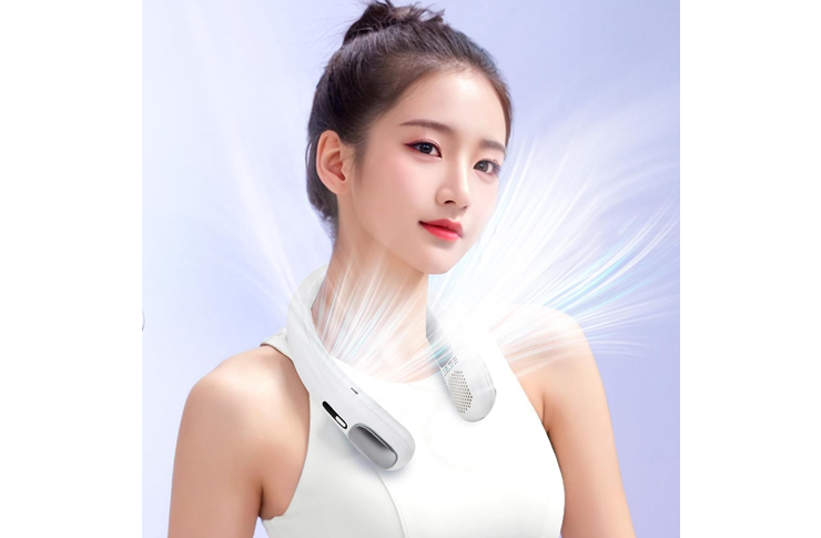 Woman modeling a white neck massager device worn around the neck, with light beams emanating from it to imply relaxing therapy.