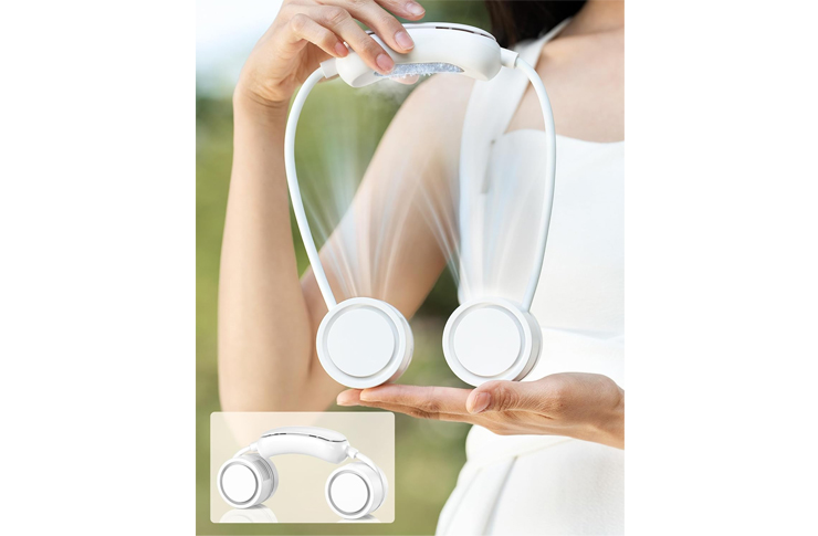 0_62557 - crasi White wearable neck fan with two circular fans, shown being handled by a person for demonstration.