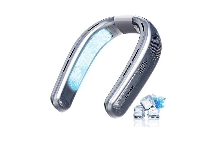 Wearable neck cooling fan with a blue cooling strip and ice packs beside it