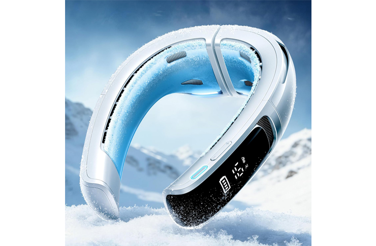 White and blue wireless headset resting in the snow with a snowy mountain backdrop, showcasing its curved neckband design.