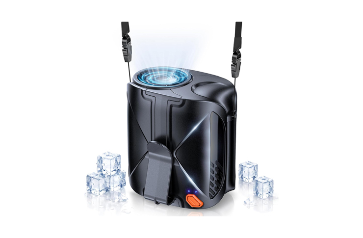 Portable black cooling device with shoulder straps, top blue light ring, orange power button, surrounded by ice cubes.