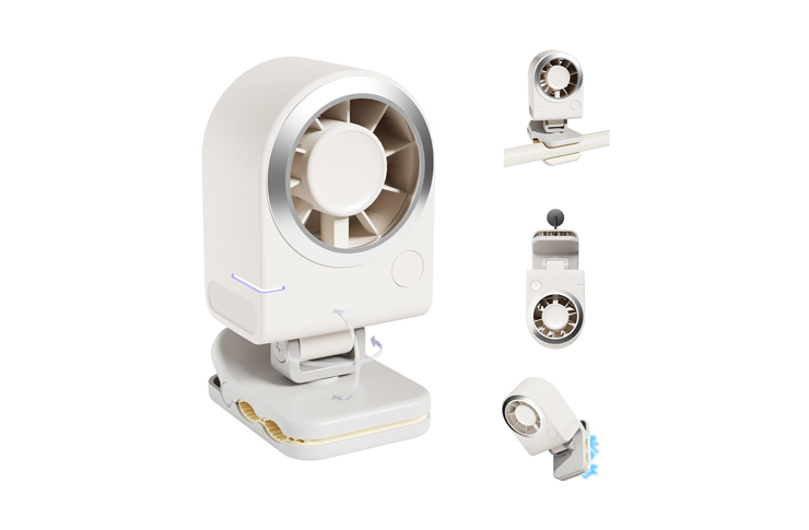 Compact white desktop fan with circular intake, swiveling base, shown from multiple angles.