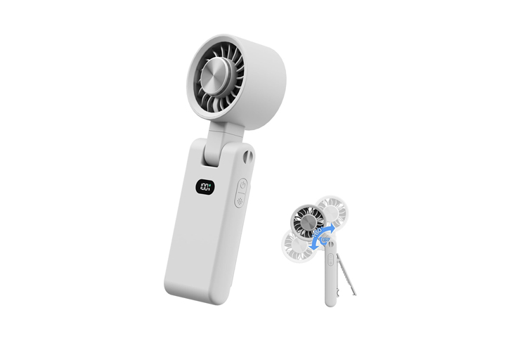 0_62592 - crasi White portable handheld fan with an adjustable head and digital display, shown with extra blades and a small tripod stand nearby