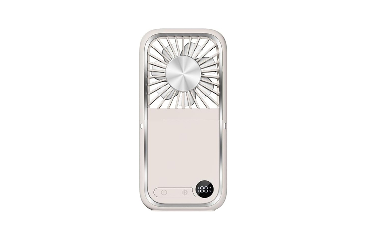 Portable silver personal fan with a large circular top fan and a control panel on the lower front.