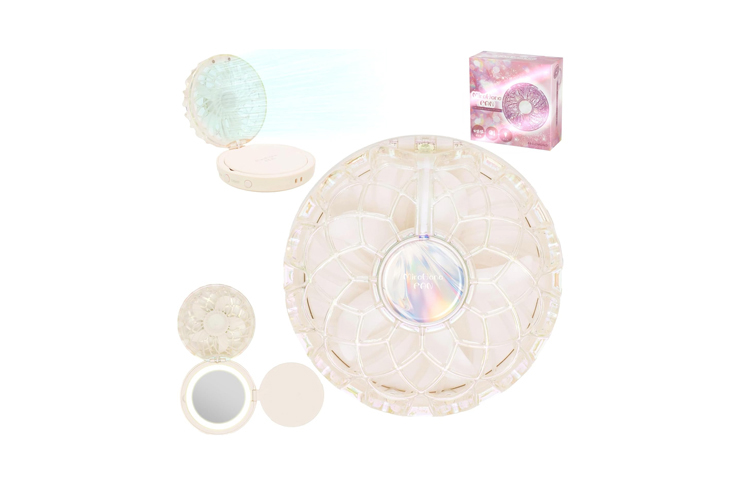 Round LED makeup mirror with a flower-petal pattern; includes a small compact mirror and powder, plus a pink product box.