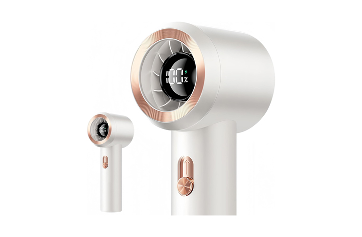 White cordless beauty device with a circular treatment head ringed in rose gold and a small digital display showing percent on the head.