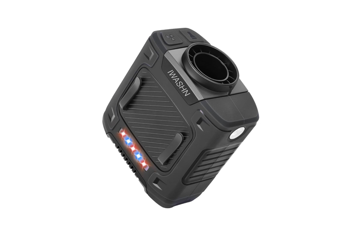 0_62642 - crasi Portable black cube-shaped cleaning device with a circular nozzle on top, labeled'WASH', and LED indicator lights along the edge.
