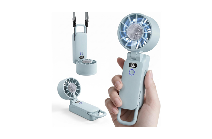Compact USB-rechargeable handheld fan with circular head and digital display, shown in hand and with foldable handle.