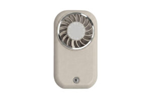 Beige portable handheld fan with a round metal-framed blade head and a small power button on the base.
