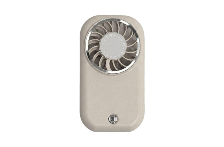 Beige portable handheld fan with a round metal-framed blade head and a small power button on the base.